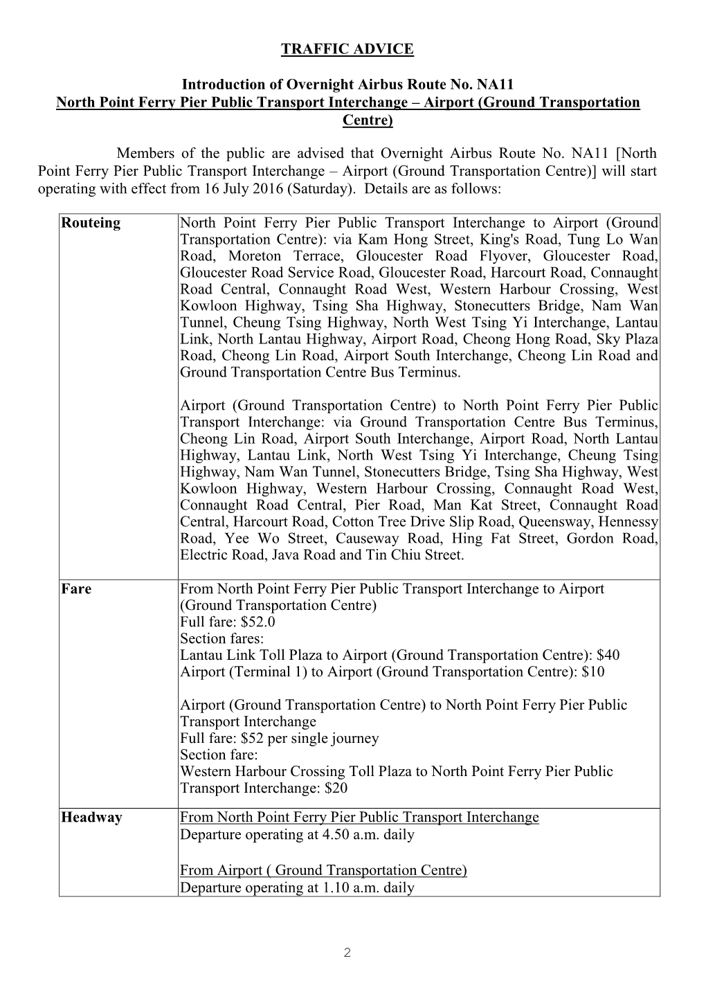 Introduction of Overnight Airbus Route No. NA11 North Point Ferry Pier Public Transport Interchange – Airport (Ground Transportation Centre)