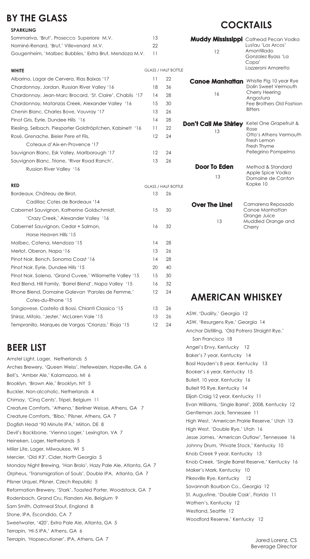 By the Glass Cocktails Beer List