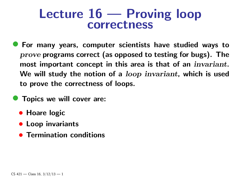 Lecture 16 — Proving Loop Correctness