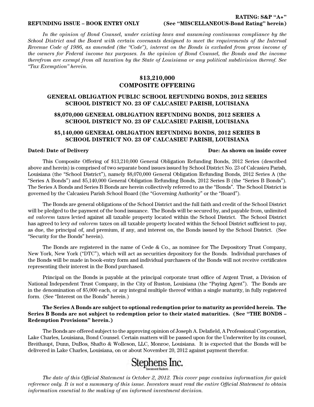 School District No. 23 of Calcasieu Parish, Louisiana $8,070,000 GENERAL OBLIGATION REFUNDING BONDS, 2012 SERIES a SCHOOL DISTRICT NO