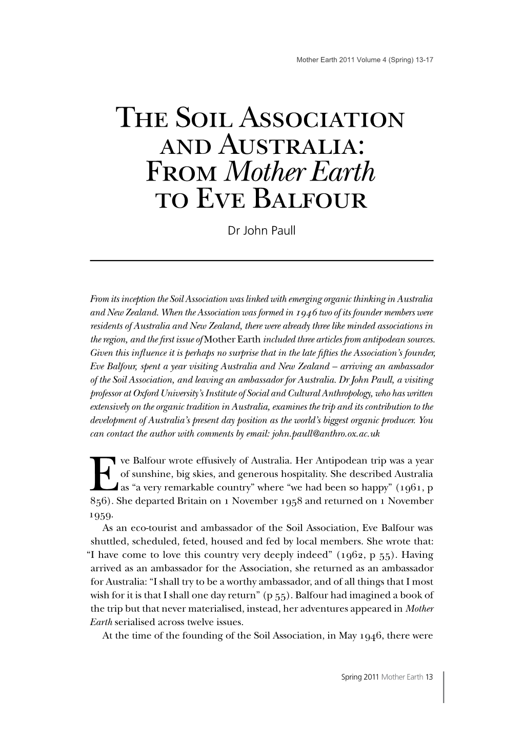 The Soil Association and Australia: Frommother Earth to Eve Balfour