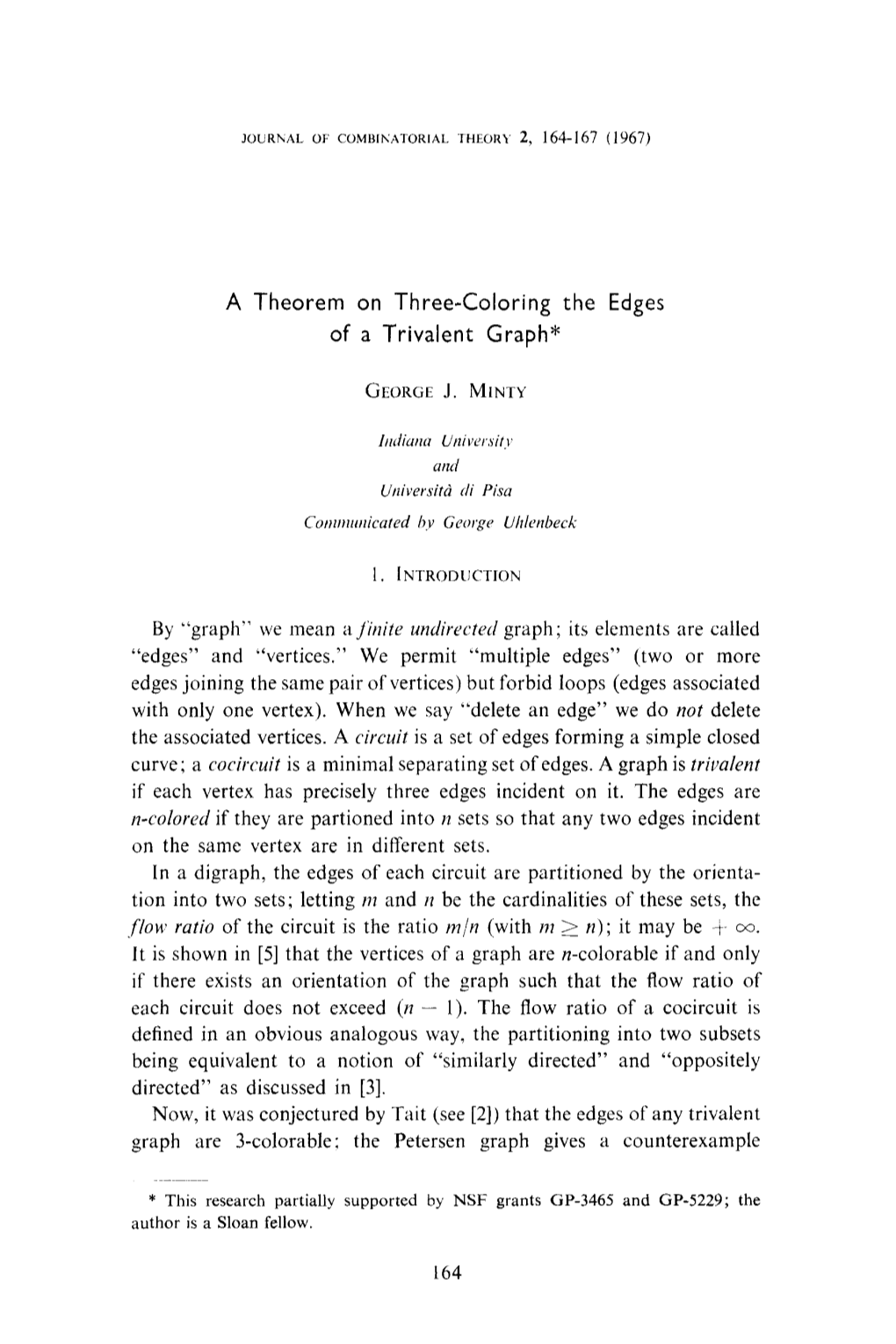 A Theorem on Three-Coloring the Edges of a Trivalent Graph*