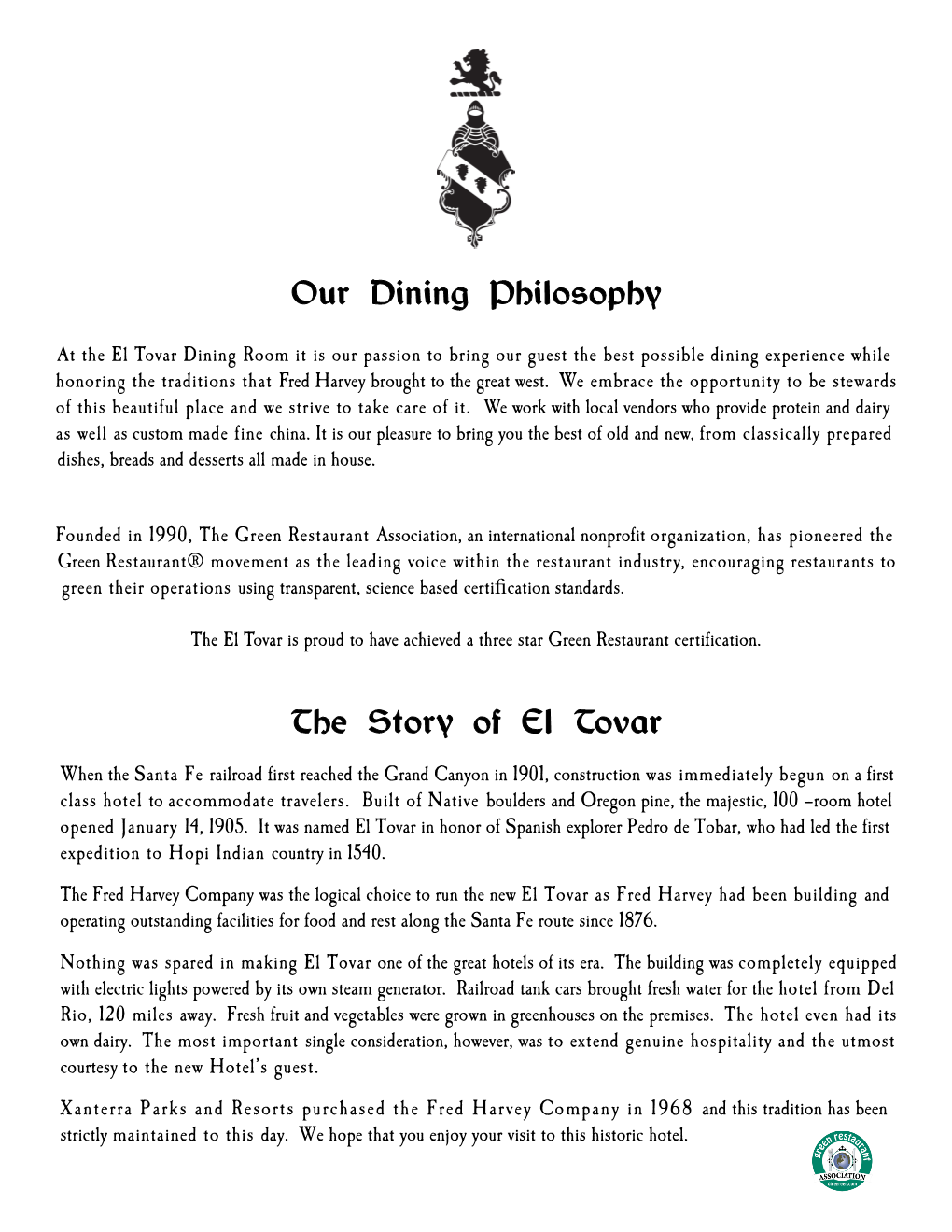 Our Dining Philosophy the Story of El Tovar
