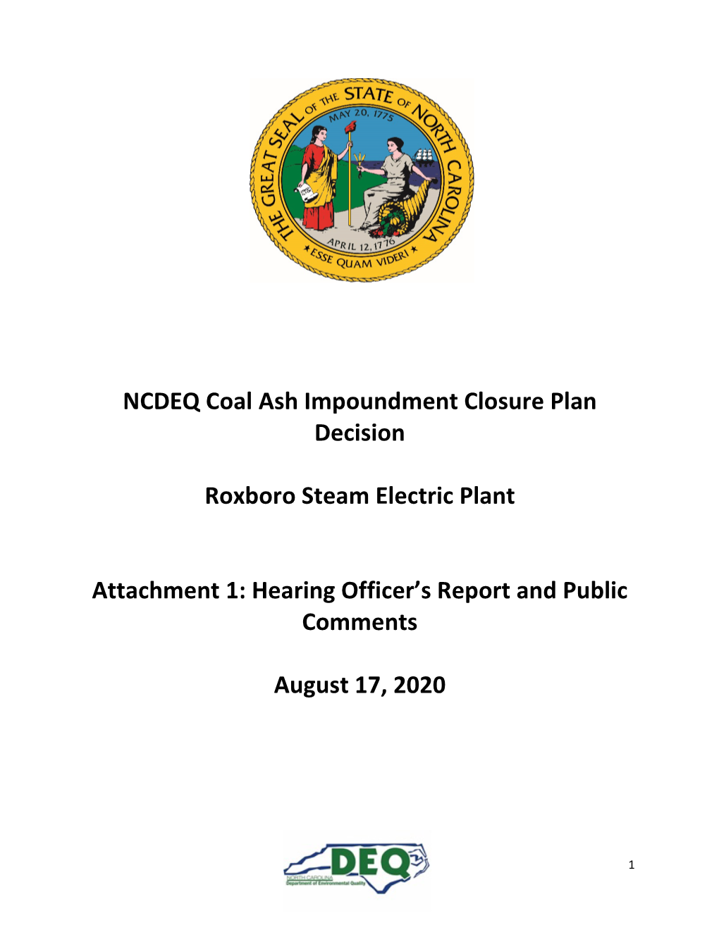 NCDEQ Coal Ash Impoundment Closure Plan Decision