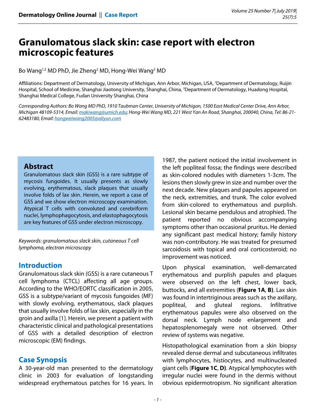 Granulomatous Slack Skin: Case Report with Electron Microscopic Features