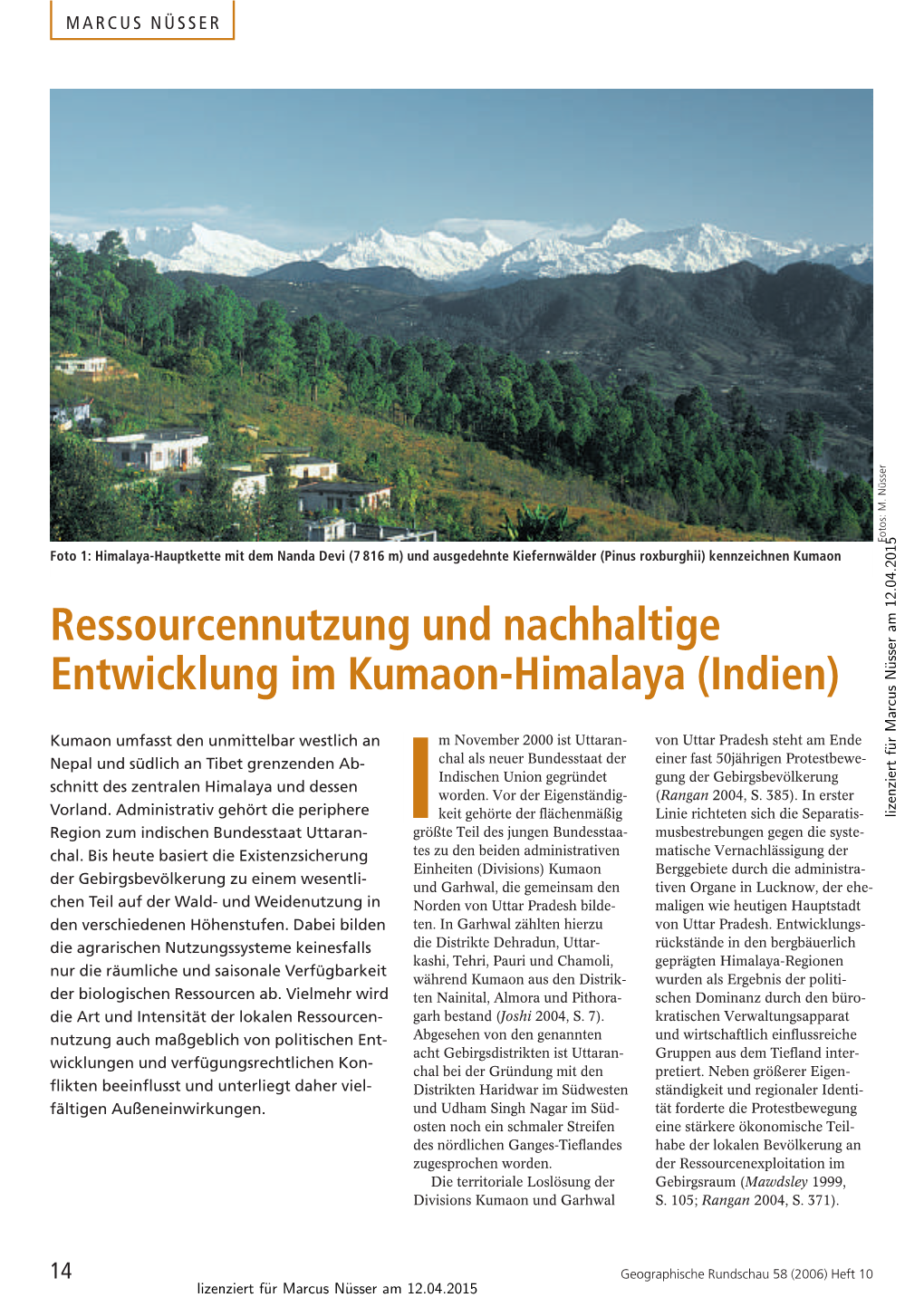 Ressourcennutzung Und Nachhaltige Entwicklung Im Kumaon-Himalaya (Indien)