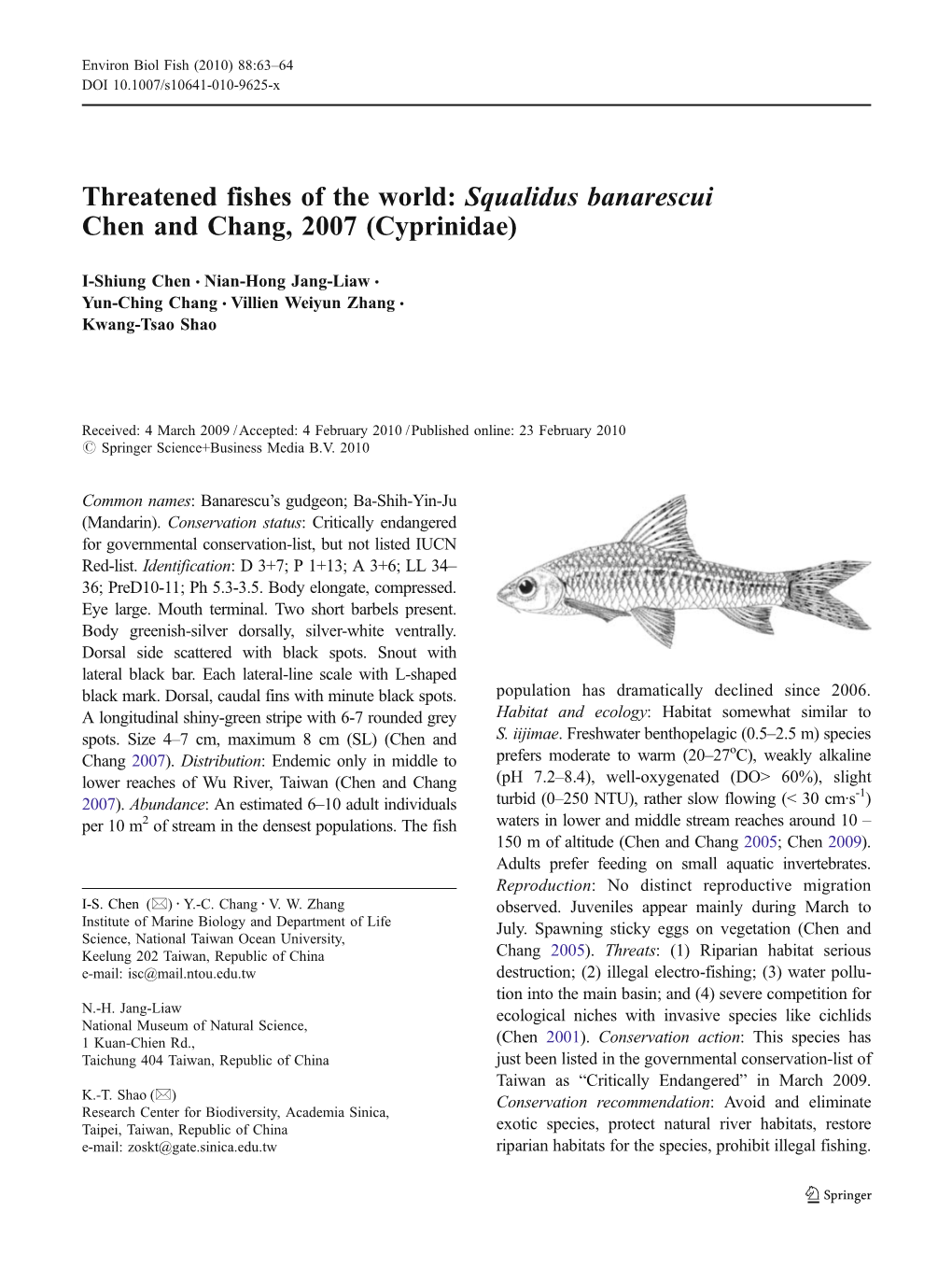 Squalidus Banarescui Chen and Chang, 2007 (Cyprinidae)