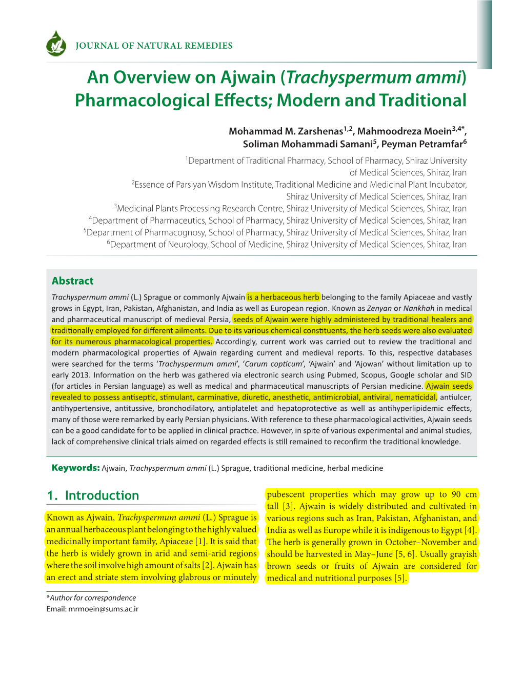 An Overview on Ajwain (Trachyspermum Ammi) Pharmacological Effects; Modern and Traditional