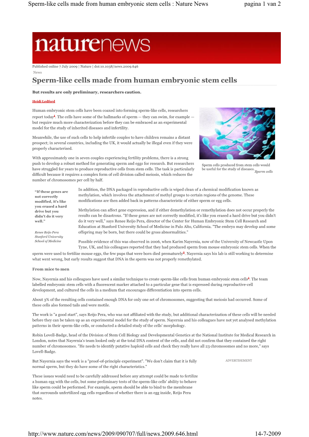 Sperm-Like Cells Made from Human Embryonic Stem Cells : Nature News Pagina 1 Van 2