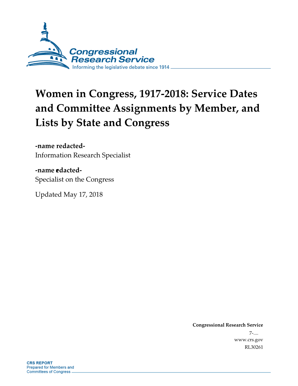 Women in Congress, 1917-2018: Service Dates and Committee Assignments by Member, and Lists by State and Congress