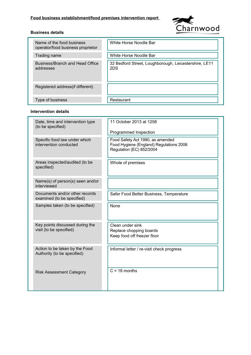 Food Business Establishment/Food Premises Intervention Report