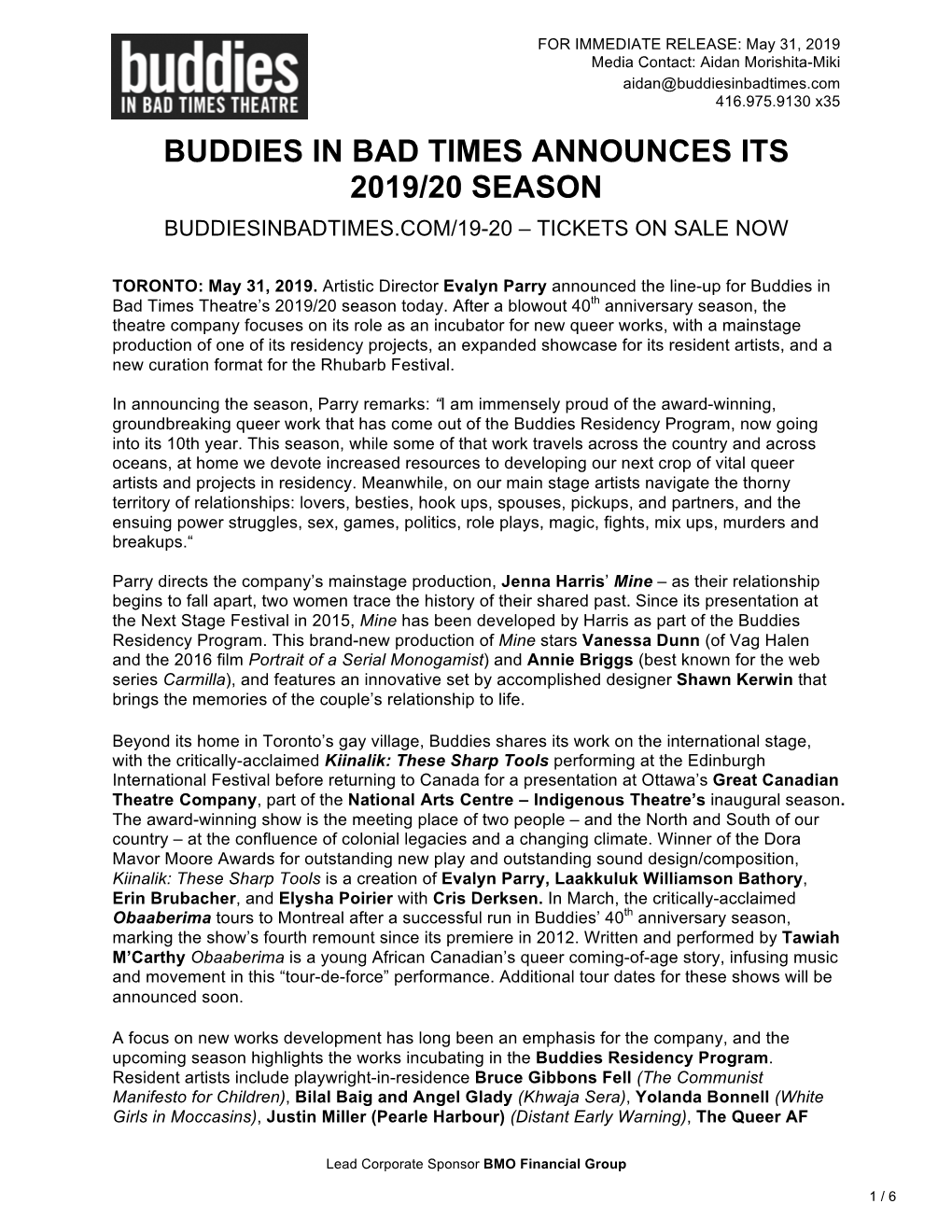 Buddies in Bad Times Announces Its 2019/20 Season