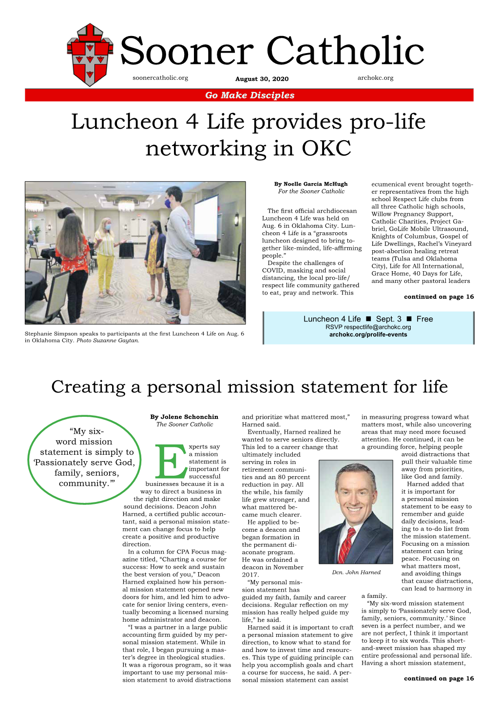 Sooner Catholic Soonercatholic.Org August 30, 2020 Archokc.Org Go Make Disciples Luncheon 4 Life Provides Pro-Life Networking in OKC