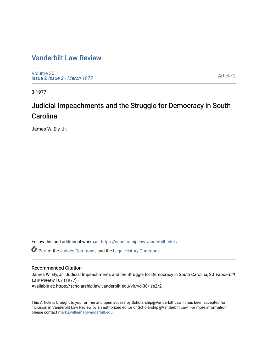 Judicial Impeachments and the Struggle for Democracy in South Carolina