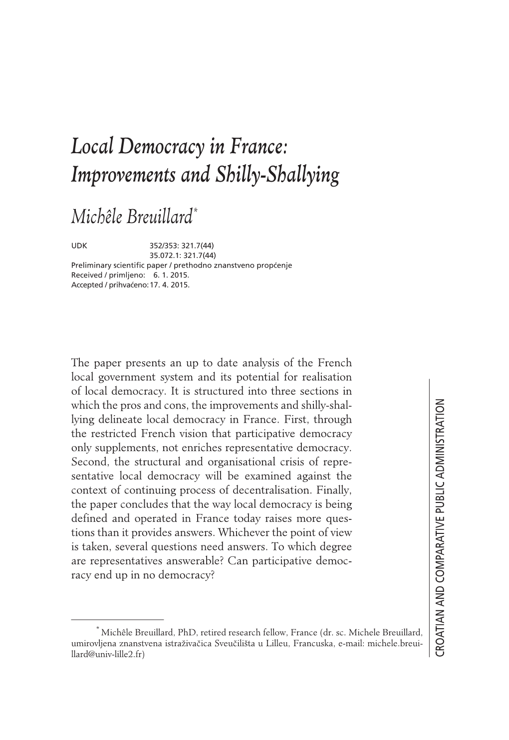 Local Democracy in France: Improvements and Shilly-Shallying