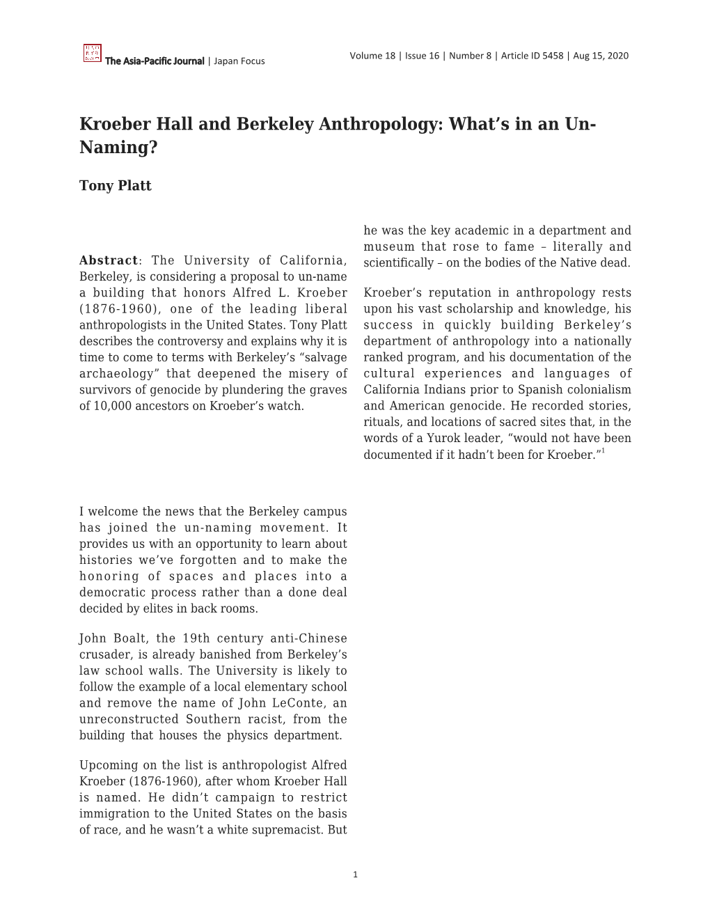 Kroeber Hall and Berkeley Anthropology: What’S in an Un- Naming?