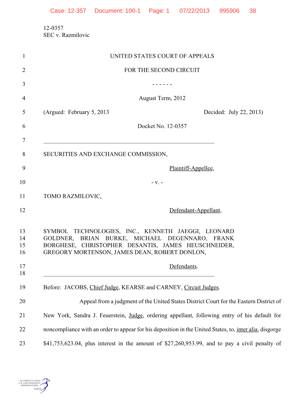 12-0357 SEC V. Razmilovic UNITED STATES COURT of APPEALS 1