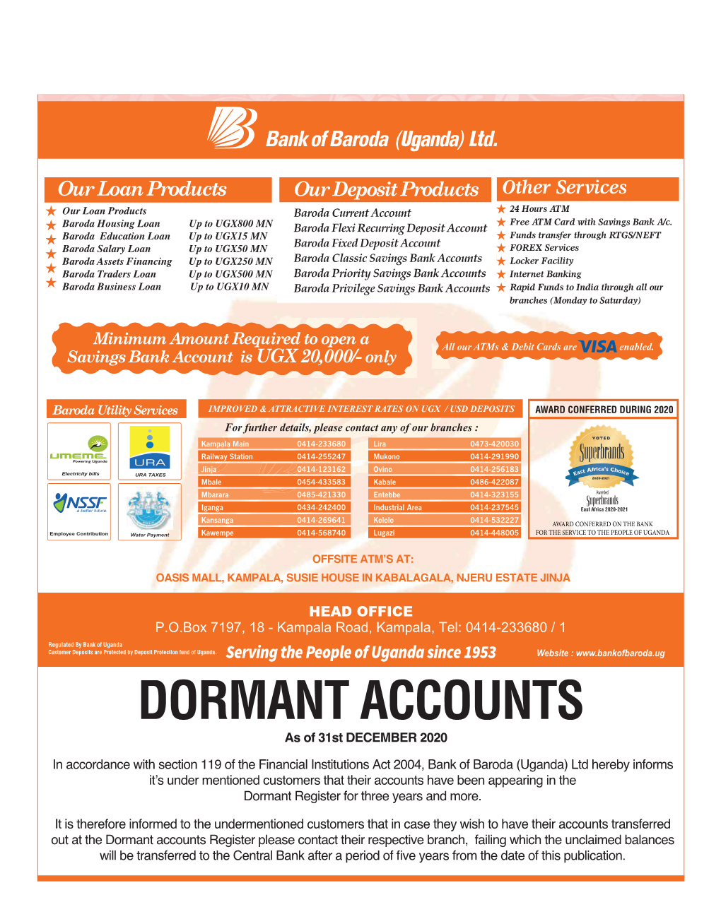 DORMANT ACCOUNTS As of 31St DECEMBER 2020