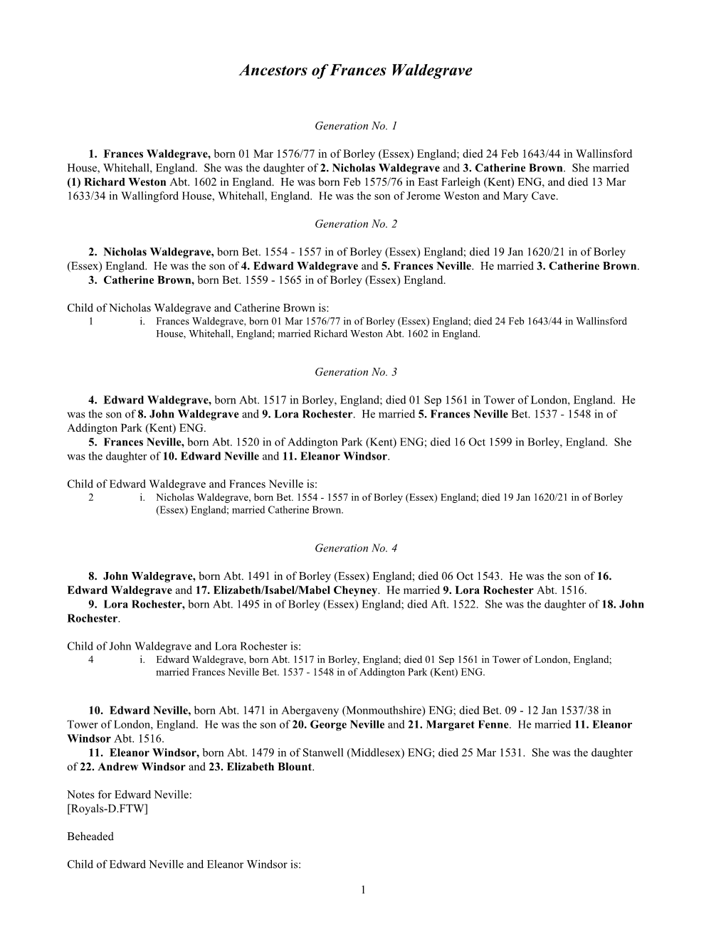 Ancestry of Frances Waldegrave