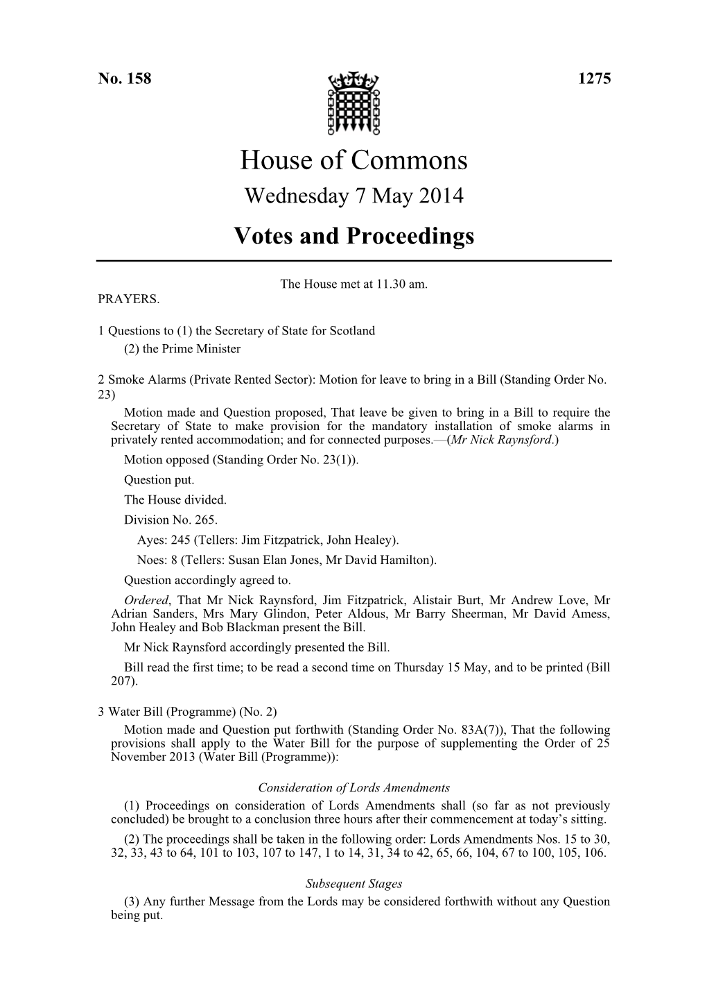 House of Commons Wednesday 7 May 2014 Votes and Proceedings