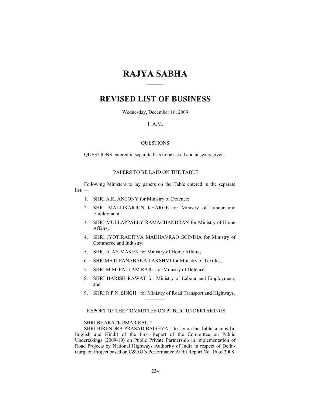 Rajya Sabha —— Revised List of Business