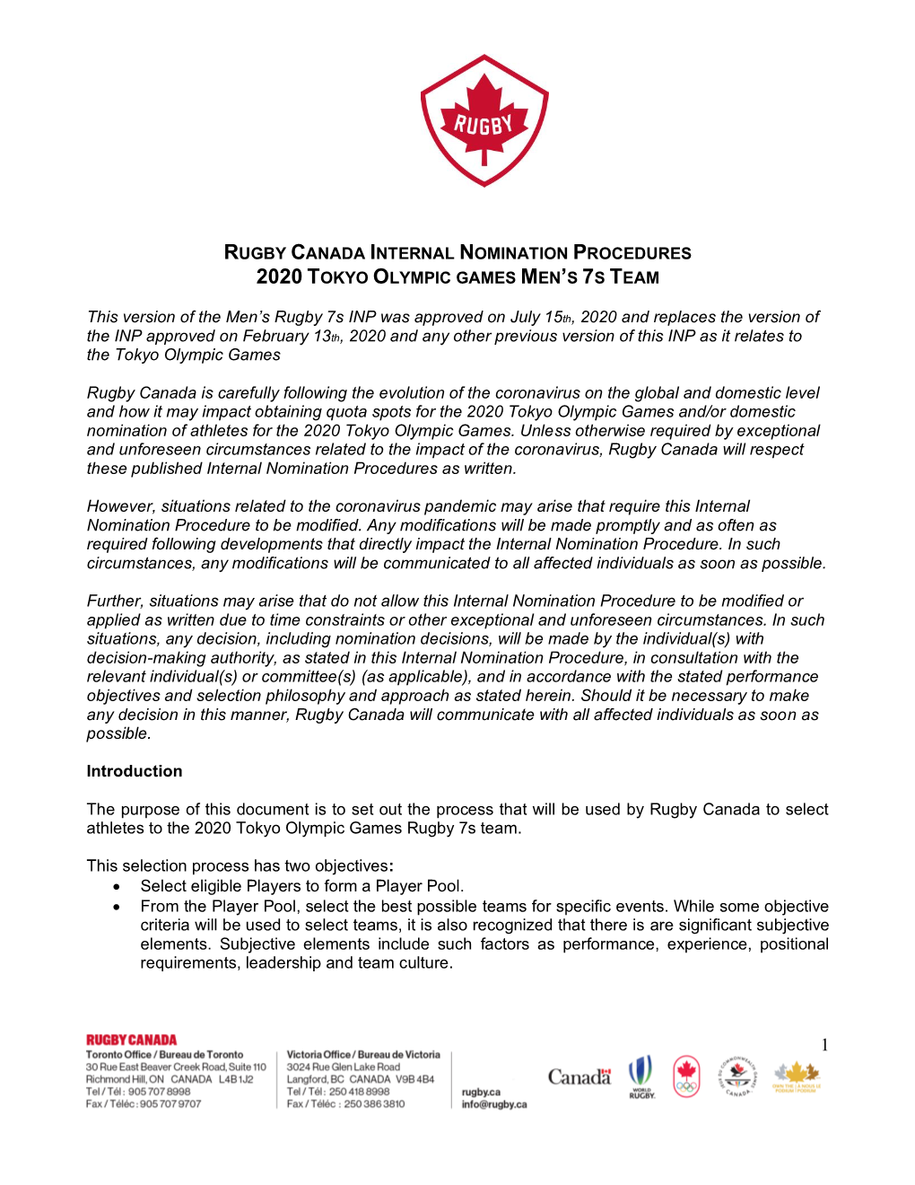 Rugby Canada Internal Nomination Procedures 2020 Tokyo Olympic Games Men’S 7S Team