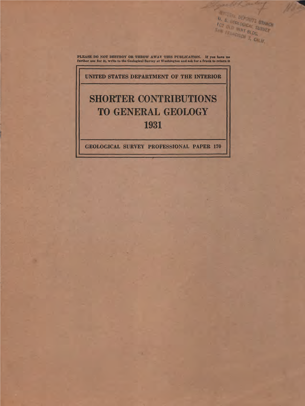 Shorter Contributions to General Geology 1931