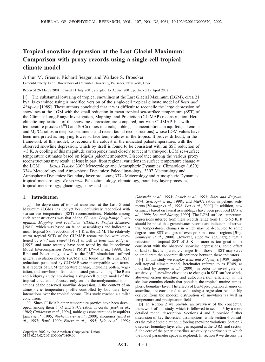 Tropical Snowline Depression at the Last Glacial Maximum: Comparison with Proxy Records Using a Single-Cell Tropical Climate Model Arthur M