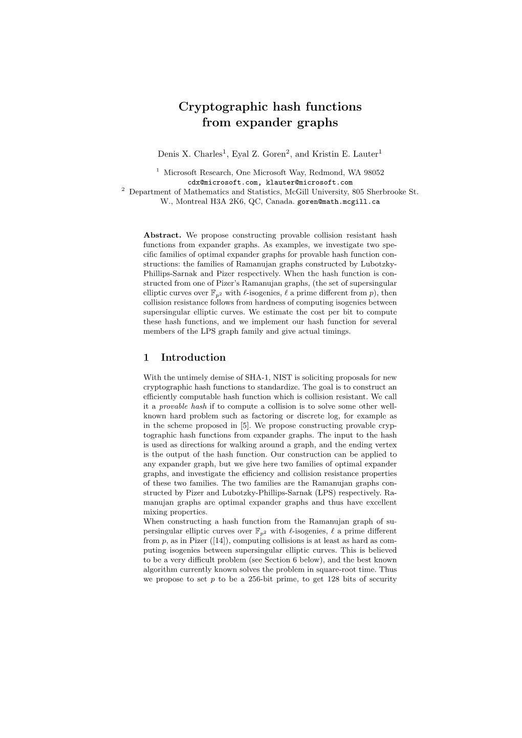 Cryptographic Hash Functions from Expander Graphs