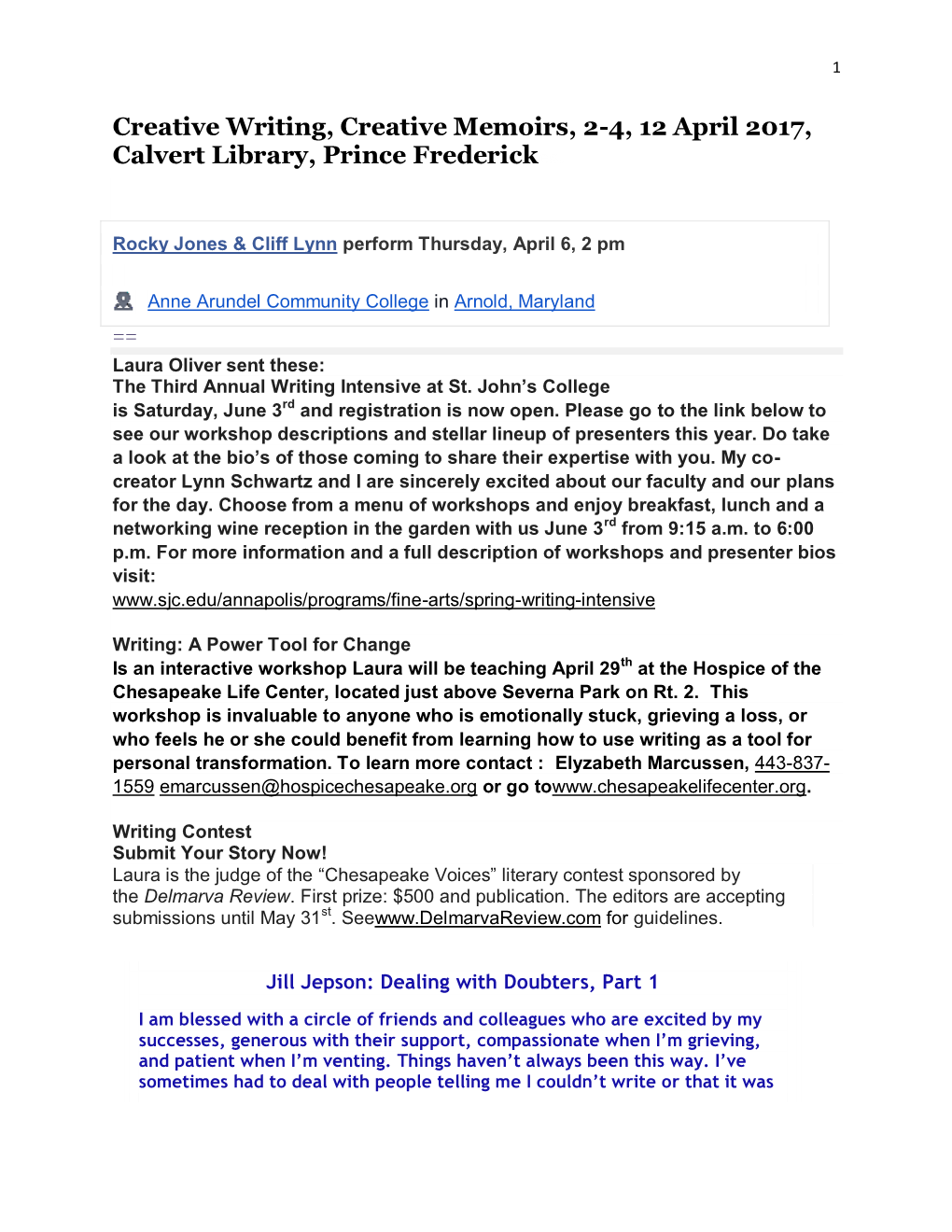 Creative Writing, Creative Memoirs, 2-4, 12 April 2017, Calvert Library, Prince Frederickes