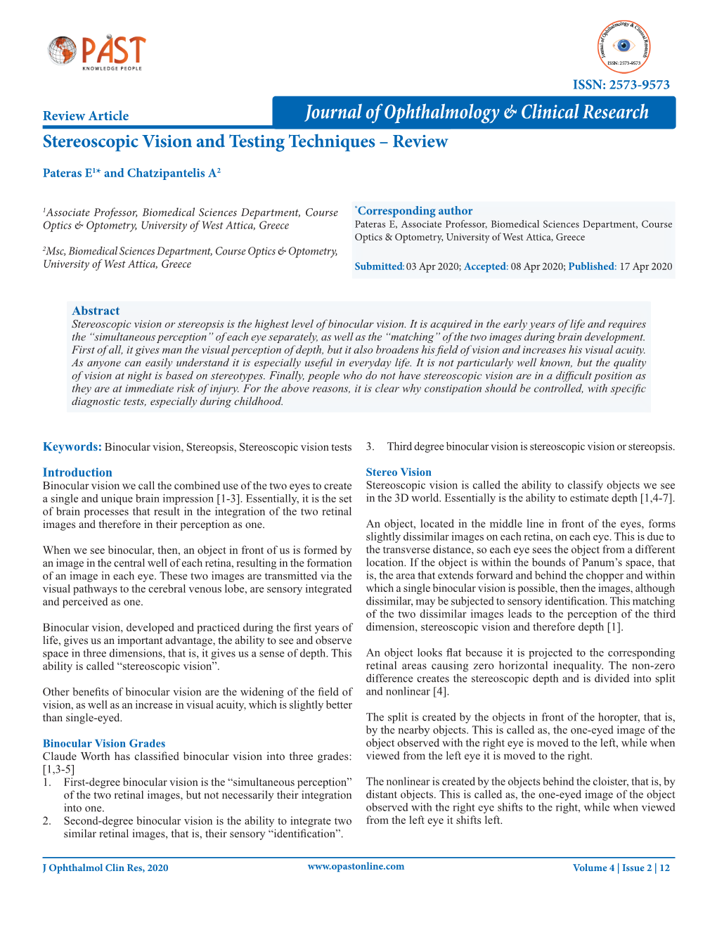 Stereoscopic Vision and Testing Techniques – Review