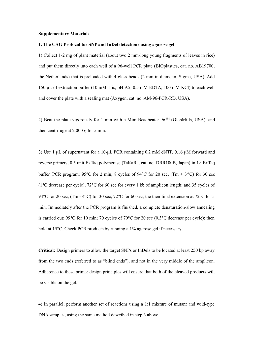 1. the CAG Protocol for SNP and Indel Detections Using Agarose Gel