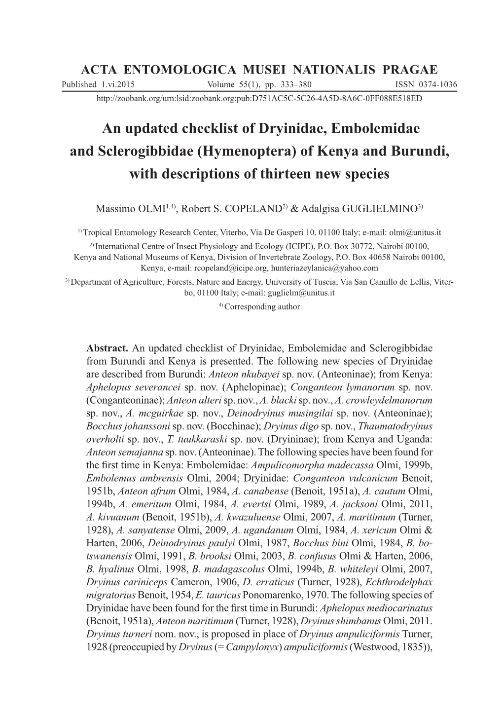 An Updated Checklist of Dryinidae, Embolemidae and Sclerogibbidae (Hymenoptera) of Kenya and Burundi, with Descriptions of Thirteen New Species