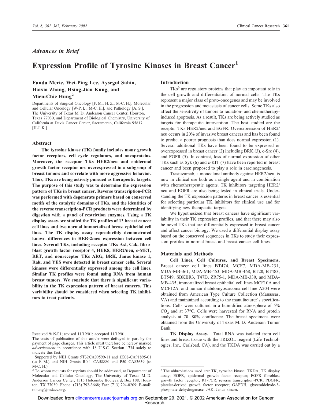 Expression Profile of Tyrosine Kinases in Breast Cancer1