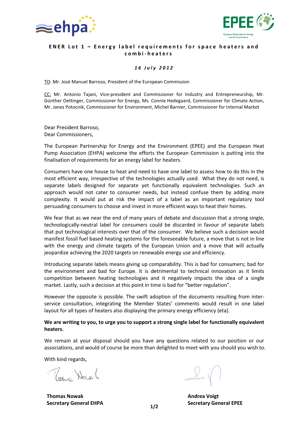 EHPA EPEE Official Letter to President Barroso on Energy Label For
