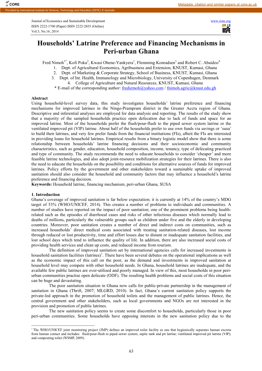 Households' Latrine Preference and Financing Mechanisms in Peri