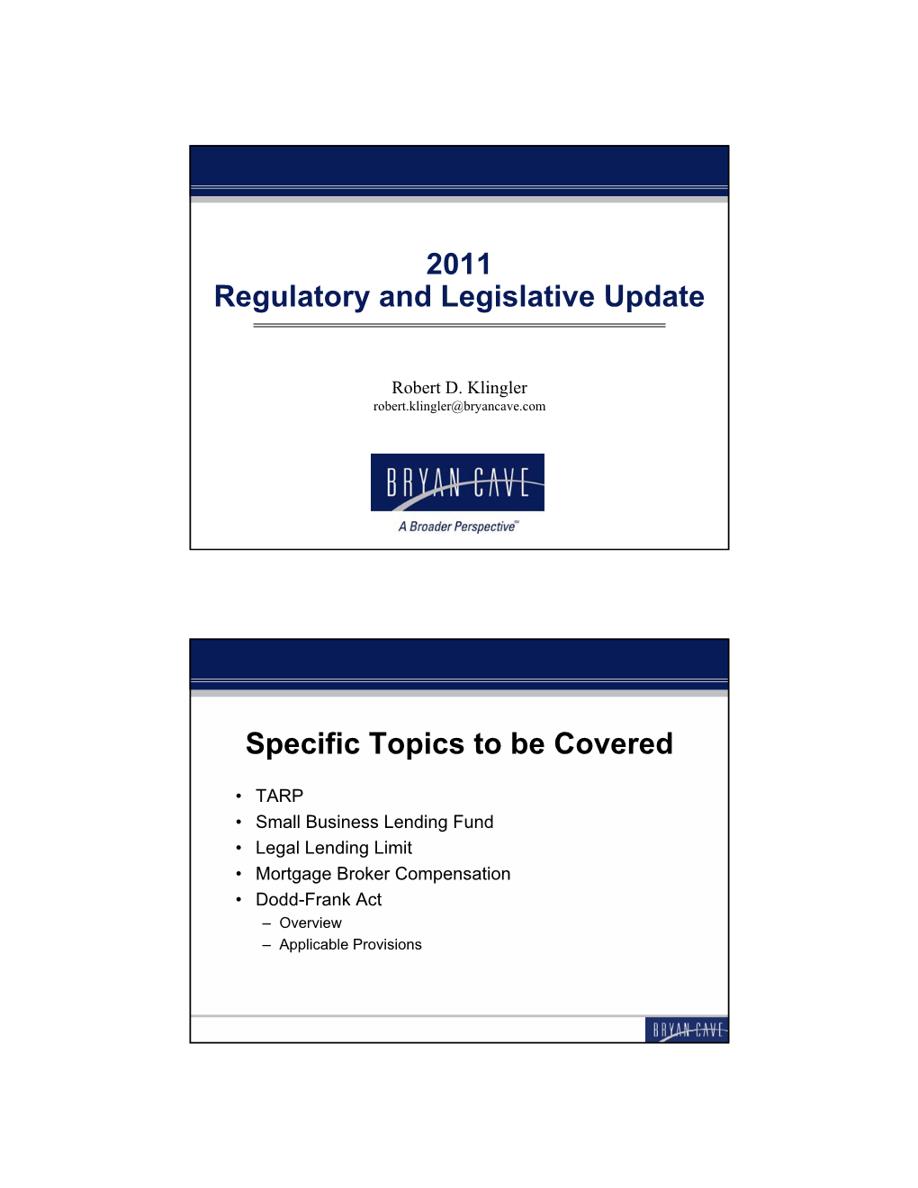 2011 Regulatory and Legislative Update