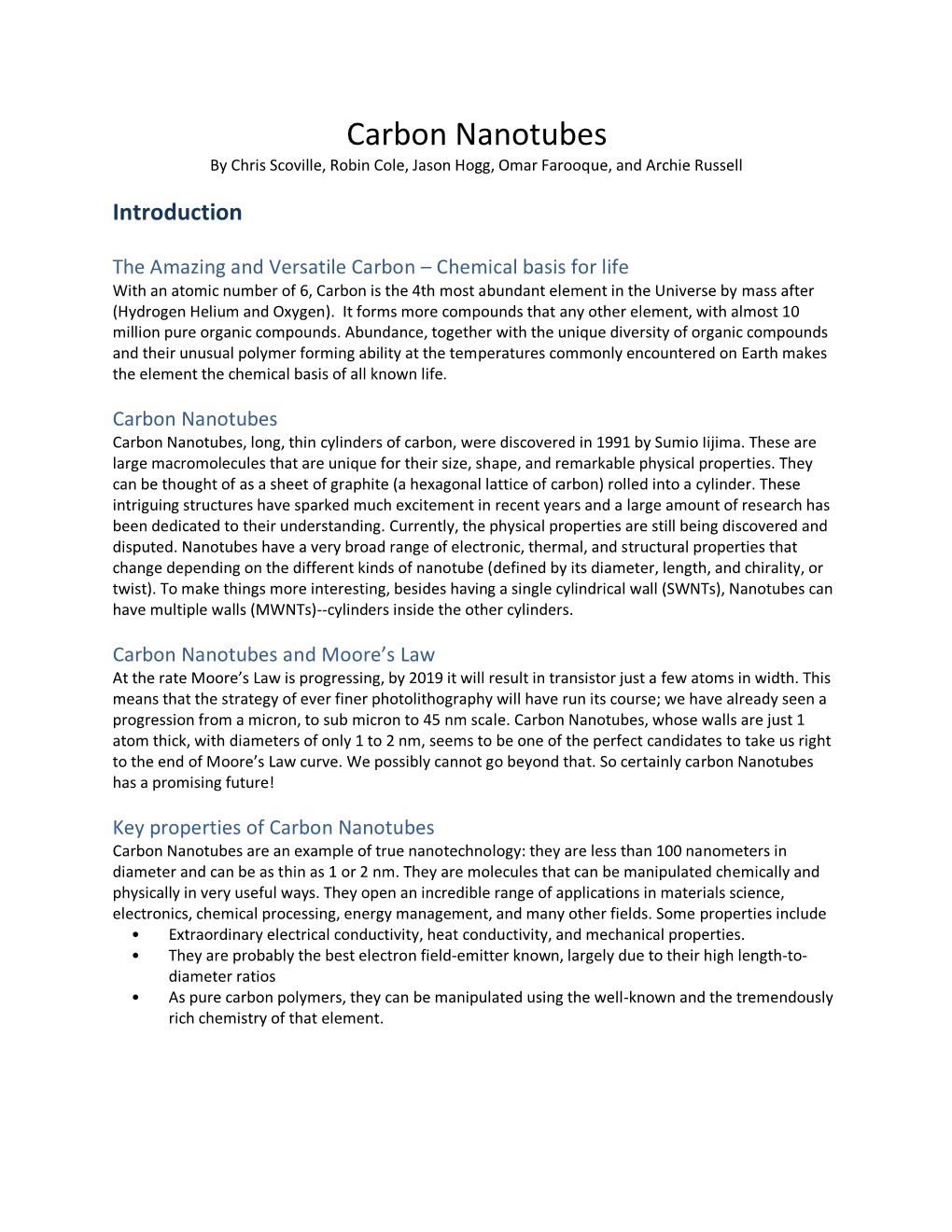 Carbon Nanotubes by Chris Scoville, Robin Cole, Jason Hogg, Omar Farooque, and Archie Russell