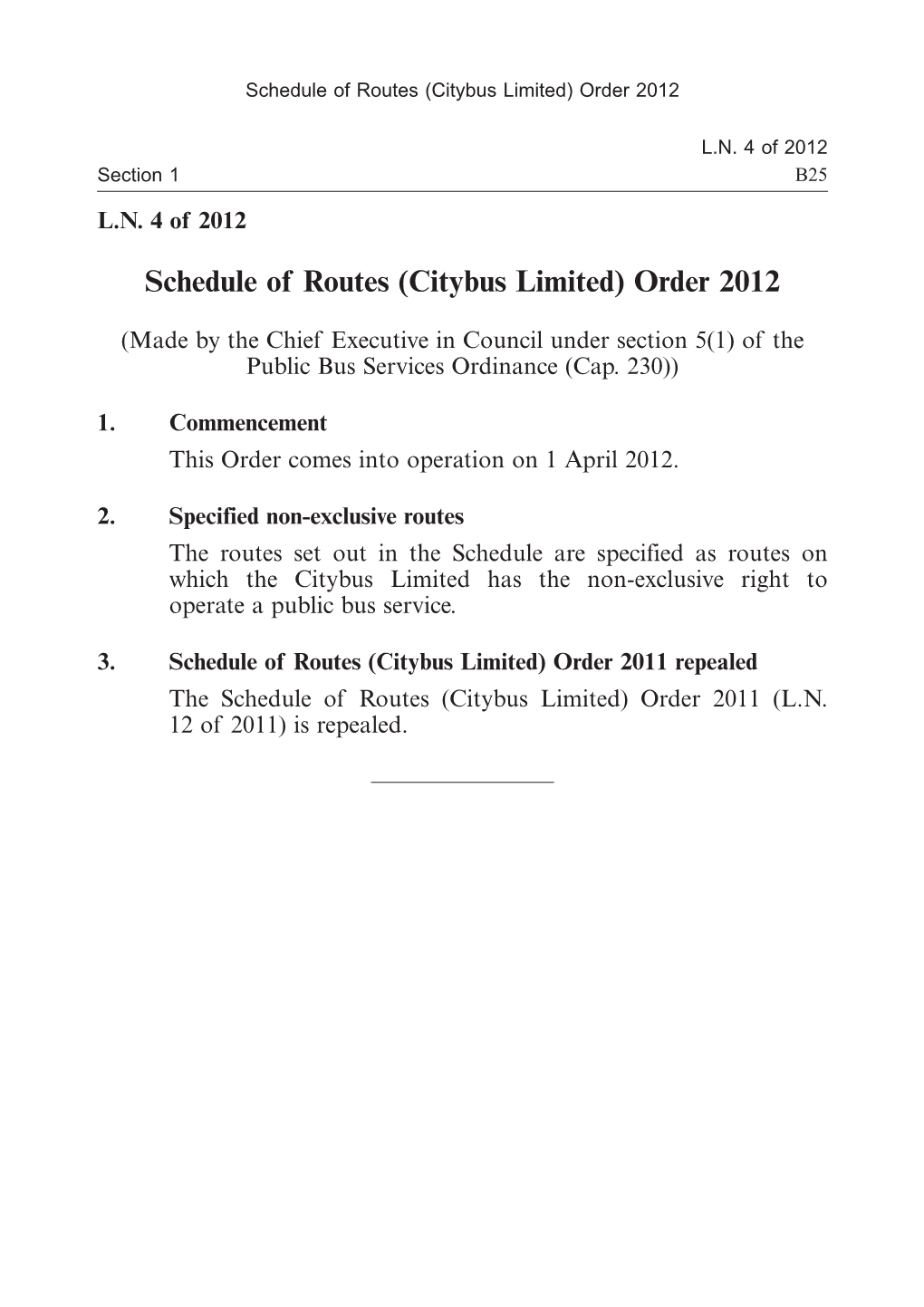 Schedule of Routes (Citybus Limited) Order 2012