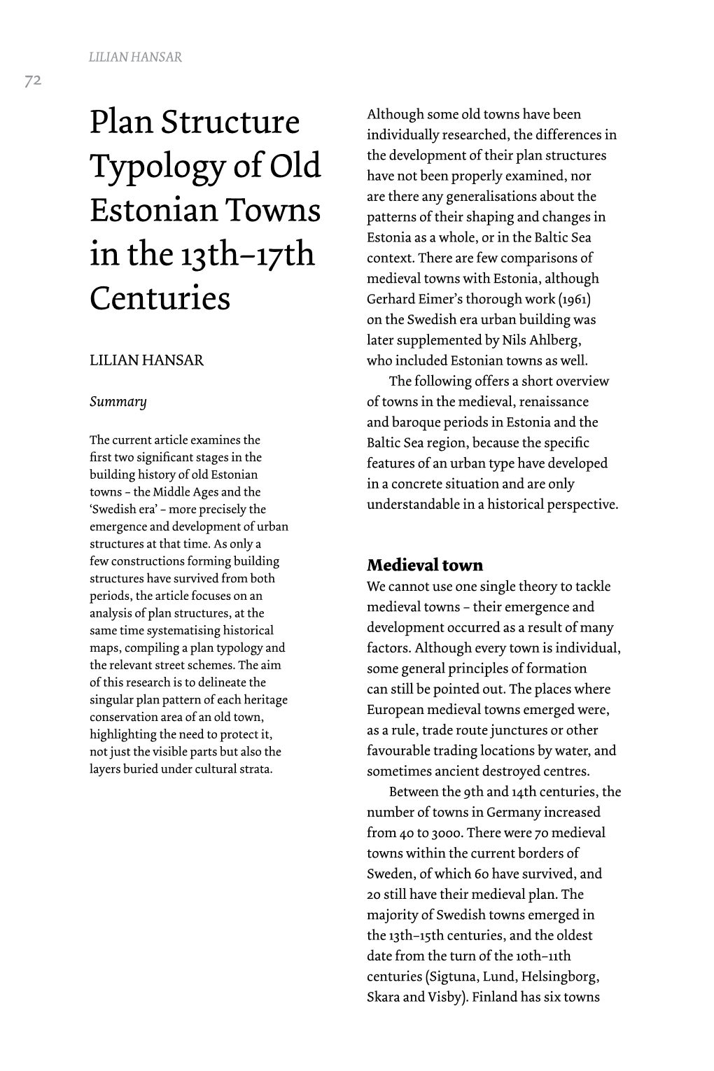 Plan Structure Typology of Old Estonian Towns in the 13Th–17Th Centuries