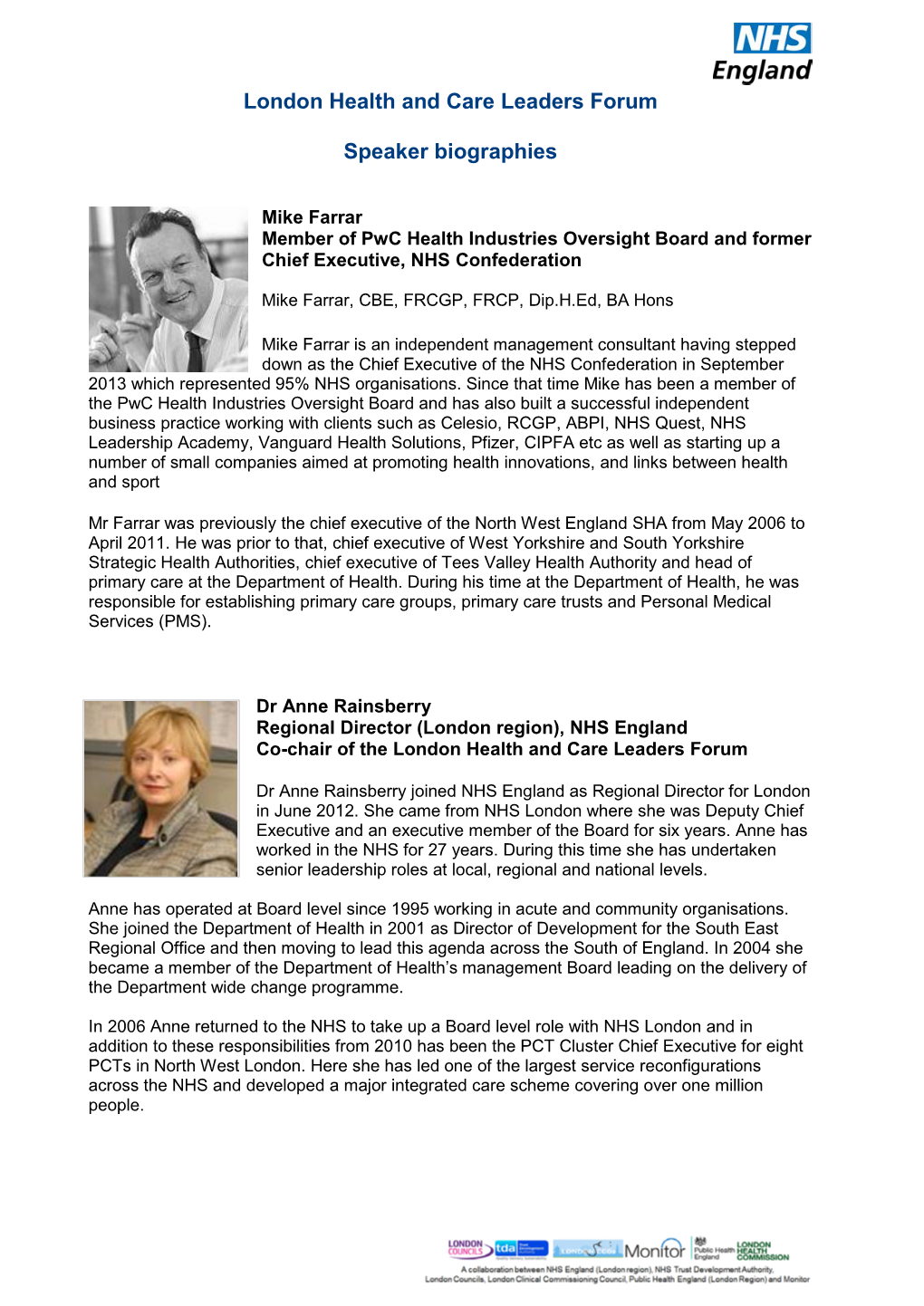 London Health and Care Leaders Forum Speaker Biographies