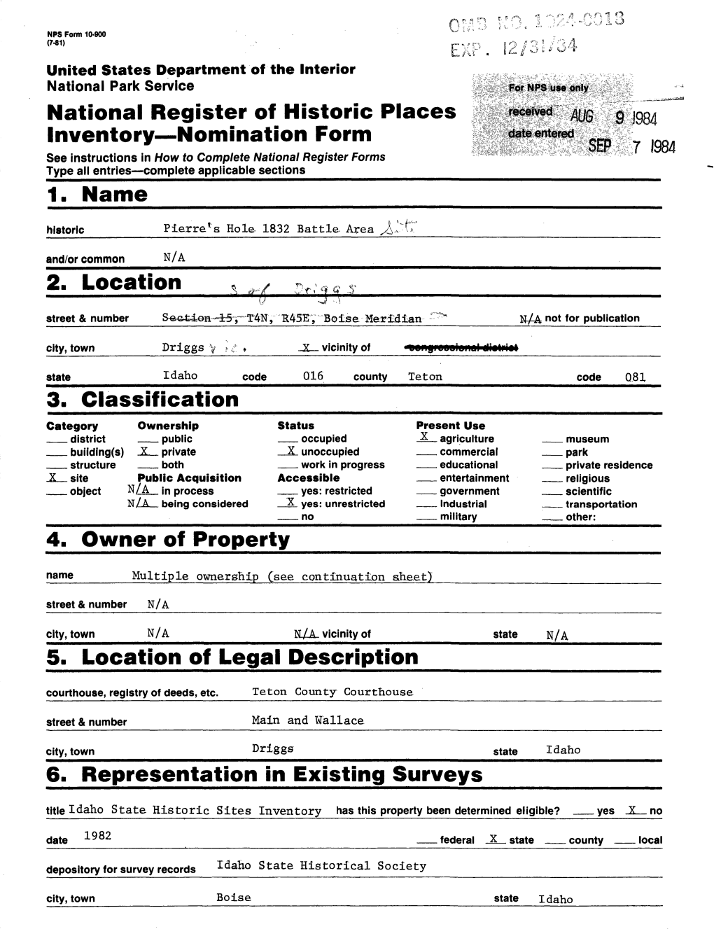 National Register of Historic Places Inventory — Nomination Form Pierre's Hole 1832 Battle Area Continuation Sheet Item Number 4 Page 1