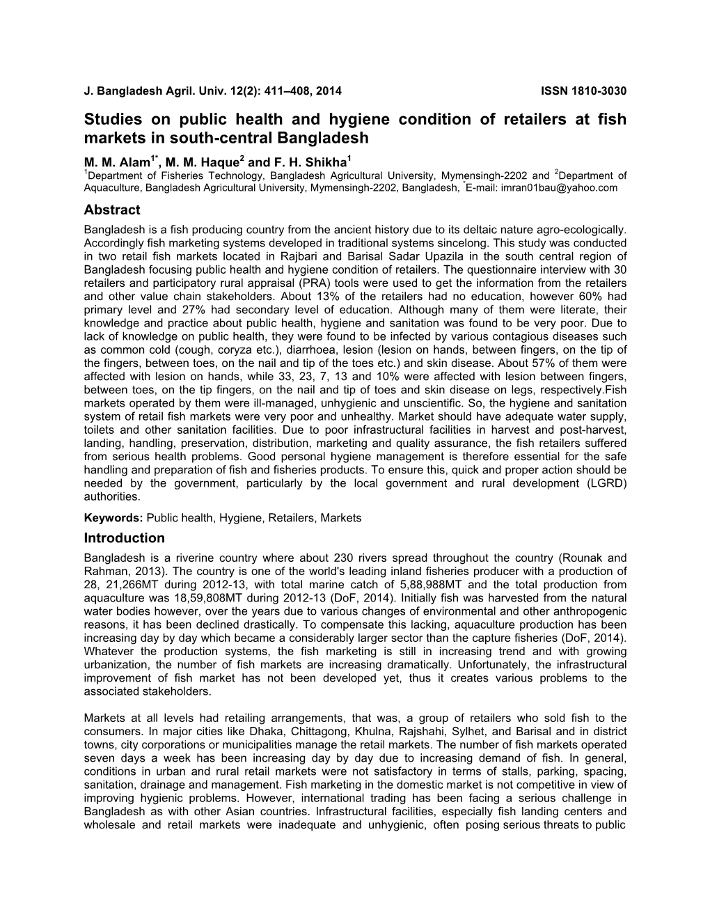 Studies on Public Health and Hygiene Condition of Retailers at Fish Markets in South-Central Bangladesh