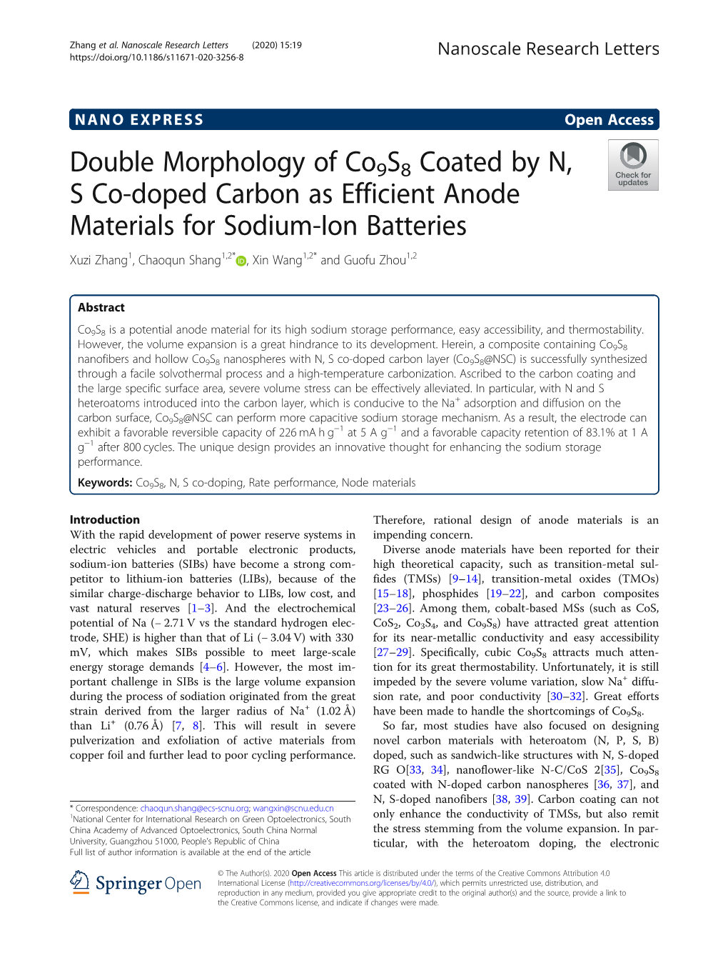 Double Morphology of Co9s8 Coated by N, S Co-Doped Carbon As Efficient Anode Materials for Sodium-Ion Batteries