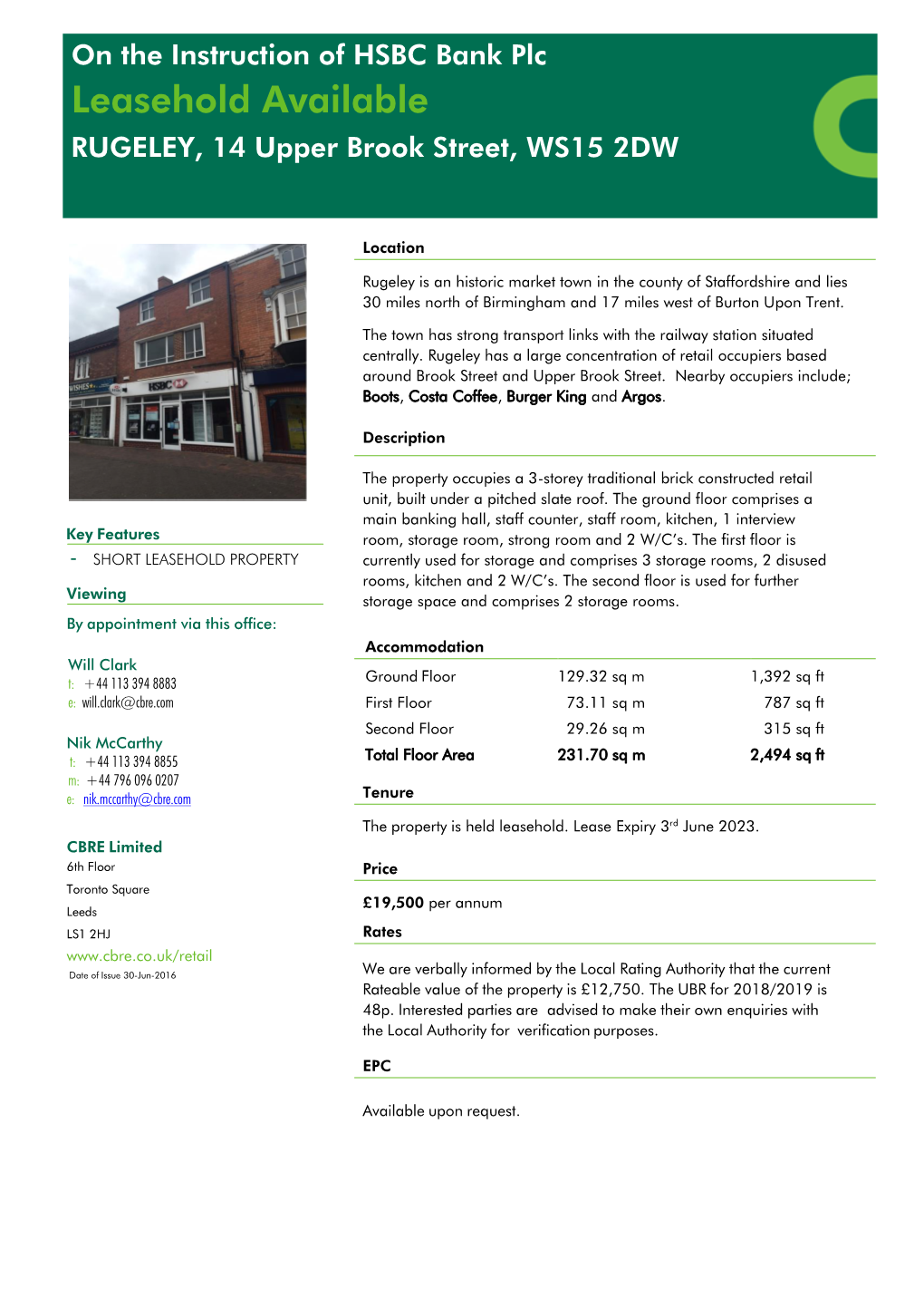 On the Instruction of HSBC Bank Plc Leasehold Available RUGELEY, 14 Upper Brook Street, WS15 2DW