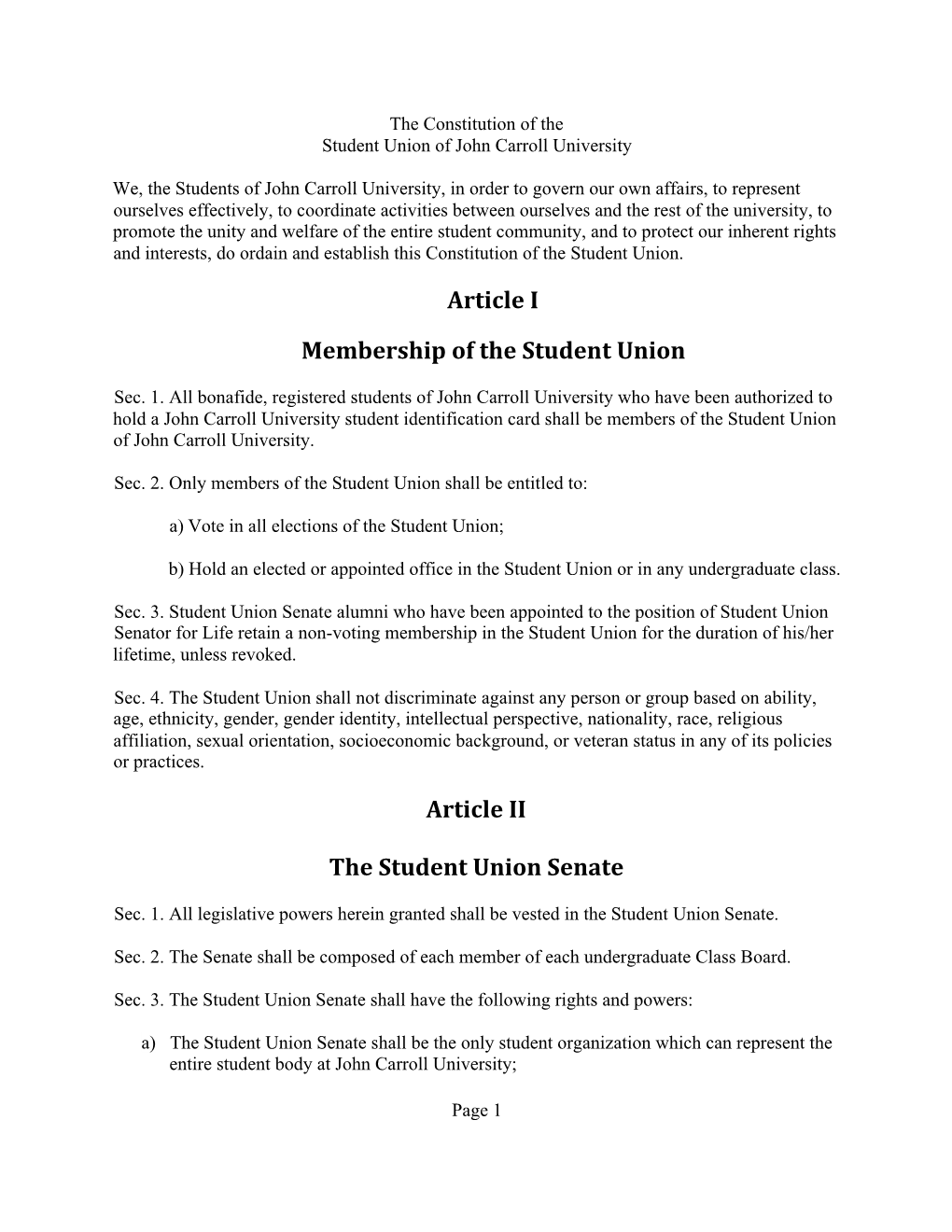 Constitution of the Student Union of John Carroll University