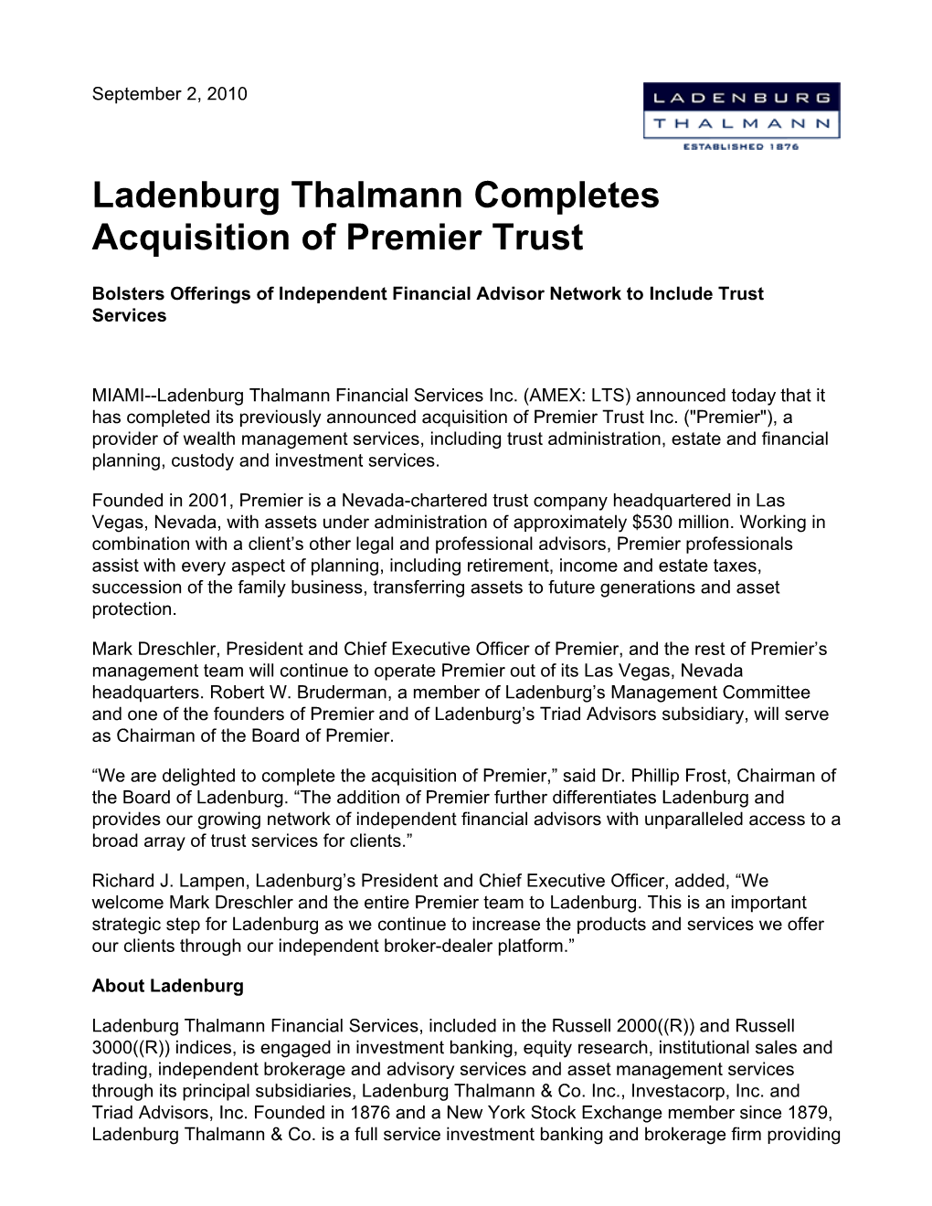 Ladenburg Thalmann Completes Acquisition of Premier Trust