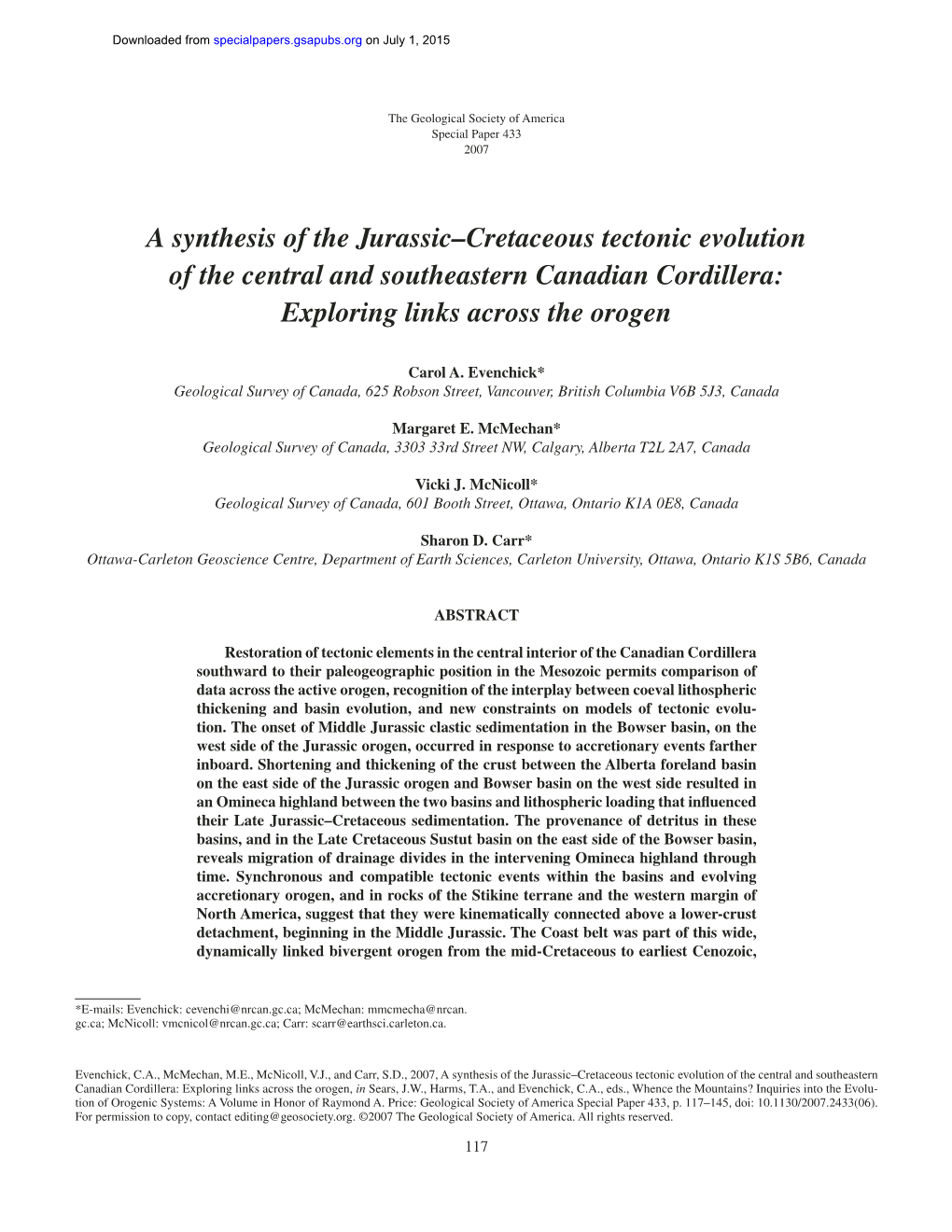 A Synthesis of the Jurassic–Cretaceous Tectonic Evolution of the Central and Southeastern Canadian Cordillera: Exploring Links Across the Orogen
