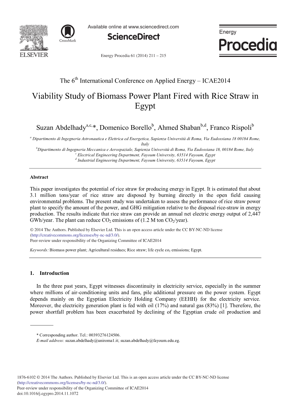 Viability Study of Biomass Power Plant Fired with Rice Straw in Egypt