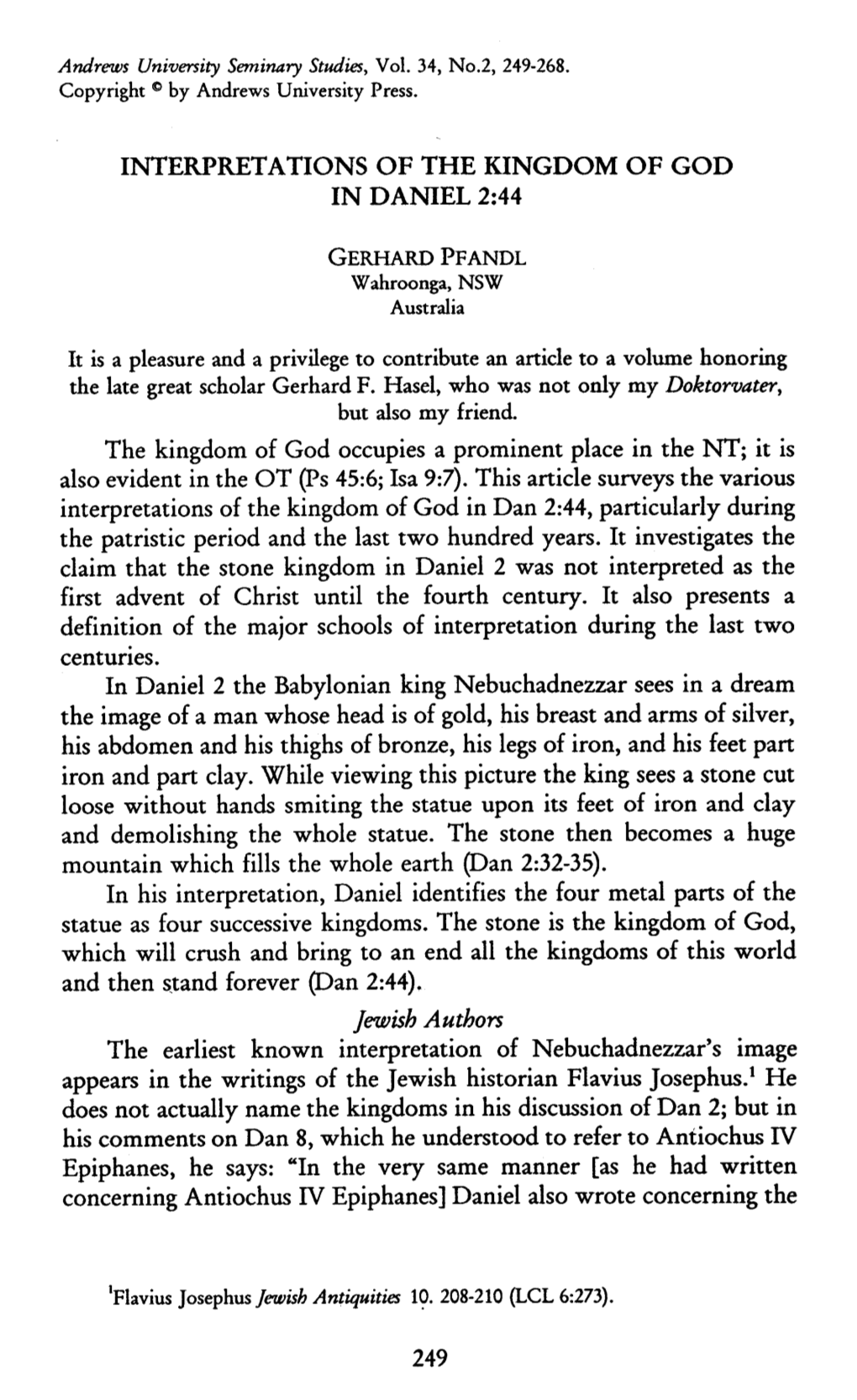 Interpretations of the Kingdom of God in Daniel 2:44